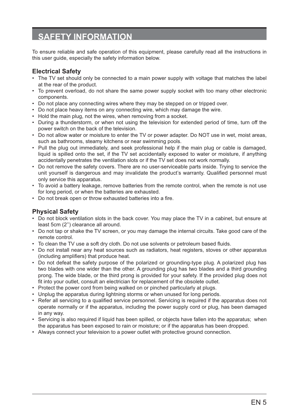 Safety information | Lenco LED-4801 User Manual | Page 5 / 33