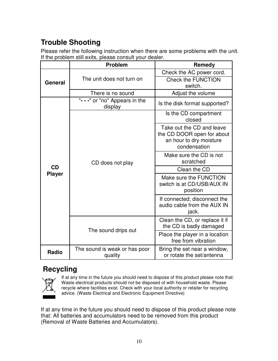 Trouble shooting, Recycling | Lenco MC-144 User Manual | Page 10 / 10