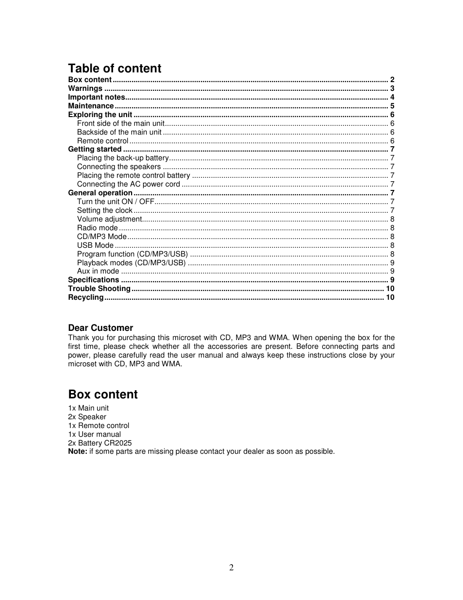 Table of content, Box content | Lenco MC-144 User Manual | Page 2 / 10