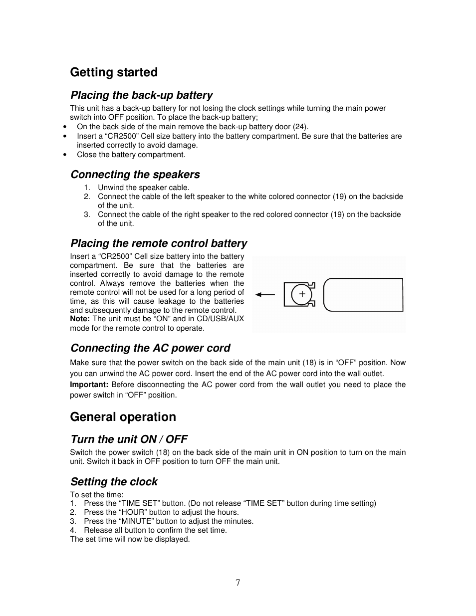 Getting started, General operation, Placing the back-up battery | Connecting the speakers, Placing the remote control battery, Connecting the ac power cord, Turn the unit on / off, Setting the clock | Lenco MC-144 User Manual | Page 7 / 10