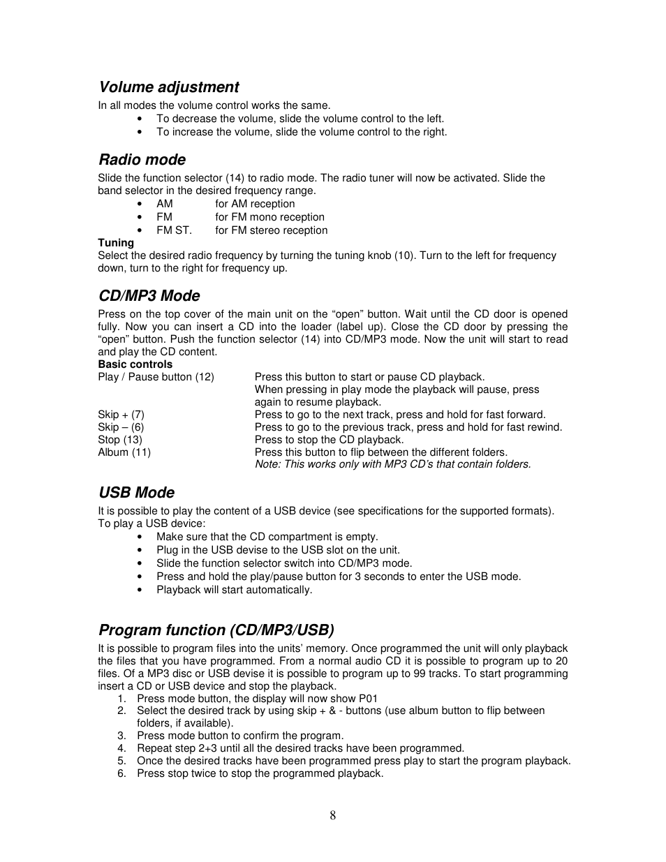 Volume adjustment, Radio mode, Cd/mp3 mode | Usb mode, Program function (cd/mp3/usb) | Lenco MC-144 User Manual | Page 8 / 10