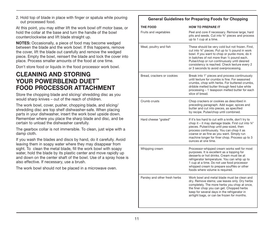 Cleaning and storing your powerblend duet, Food processor attachment | Cuisinart BFP-10 Series User Manual | Page 11 / 33