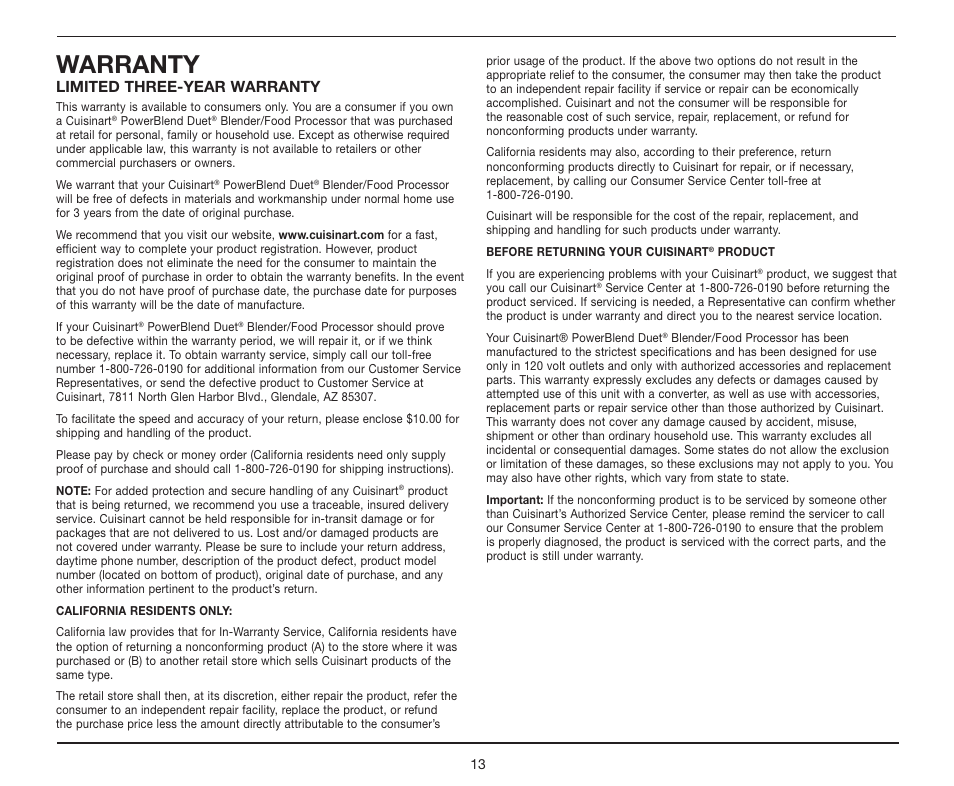 Warranty, Limited three-year warranty | Cuisinart BFP-10 Series User Manual | Page 13 / 33