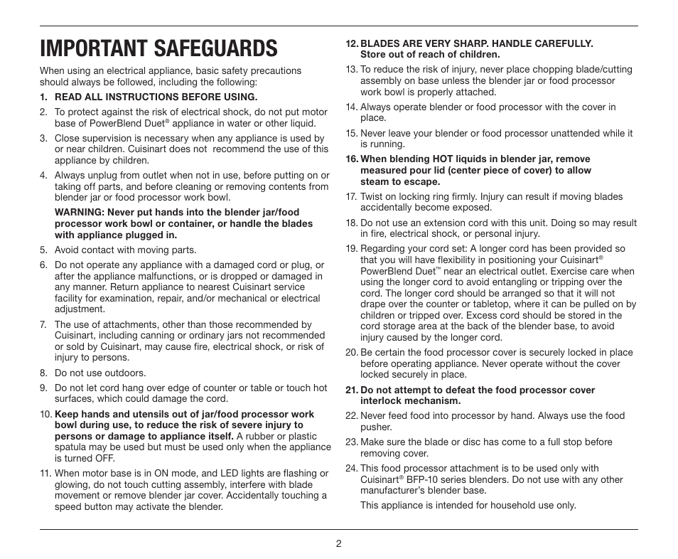 Important safeguards | Cuisinart BFP-10 Series User Manual | Page 2 / 33