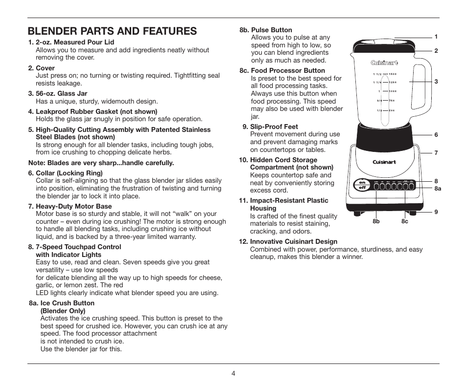 Blender parts and features | Cuisinart BFP-10 Series User Manual | Page 4 / 33