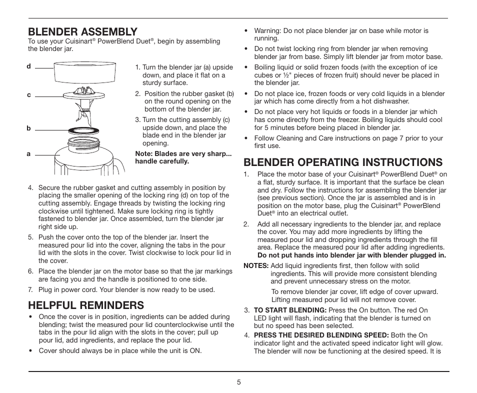 Blender assembly, Helpful reminders, Blender operating instructions | Cuisinart BFP-10 Series User Manual | Page 5 / 33
