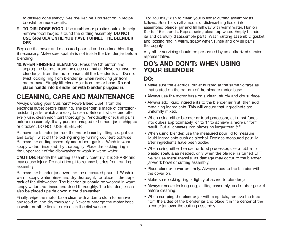 Cleaning, care and maintenance, Do’s and don’ts when using your blender | Cuisinart BFP-10 Series User Manual | Page 7 / 33