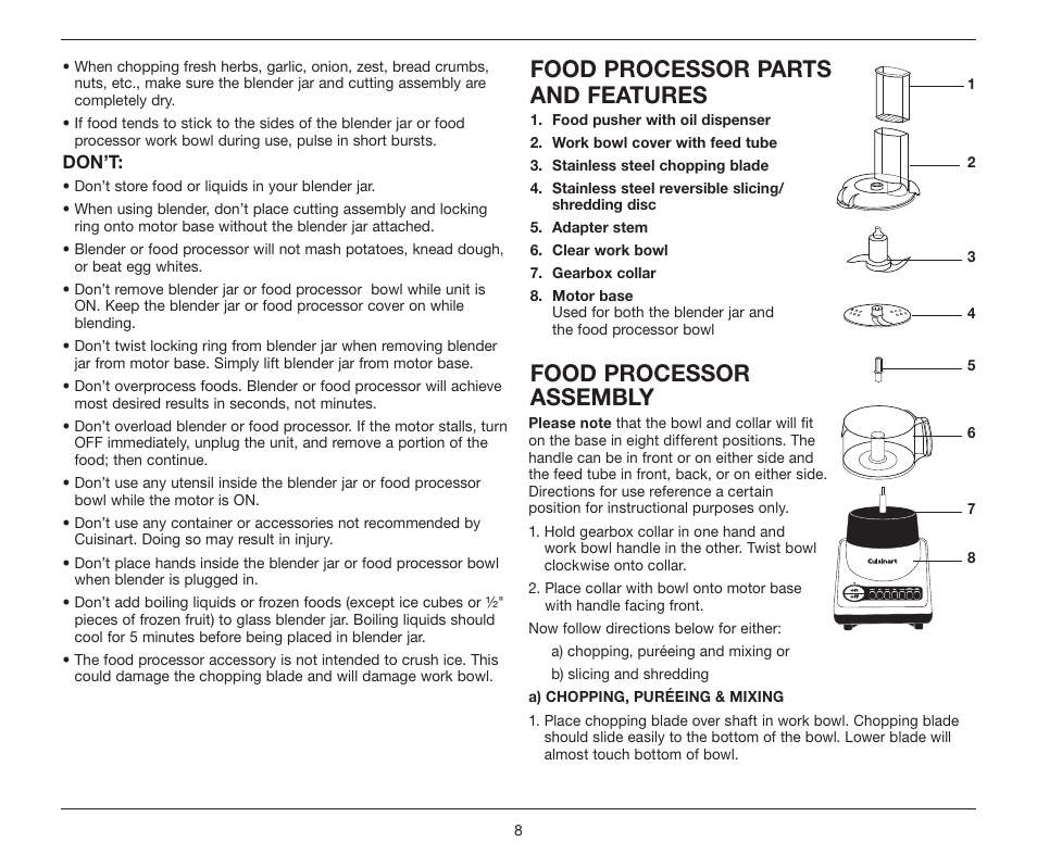 Food processor parts and features, Food processor assembly | Cuisinart BFP-10 Series User Manual | Page 8 / 33