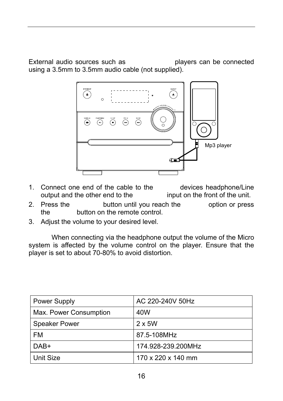 External input, Specifications | Lenco MC-148 DAB+ User Manual | Page 17 / 19