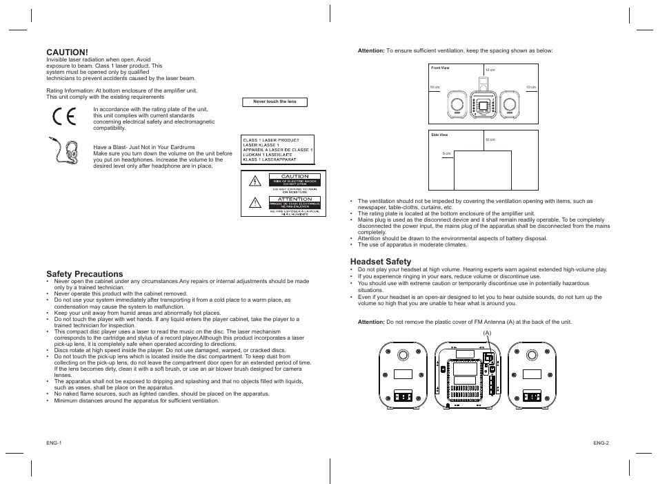 Safety precautions, Caution, Headset safety | Lenco MCI-200 User Manual | Page 2 / 5