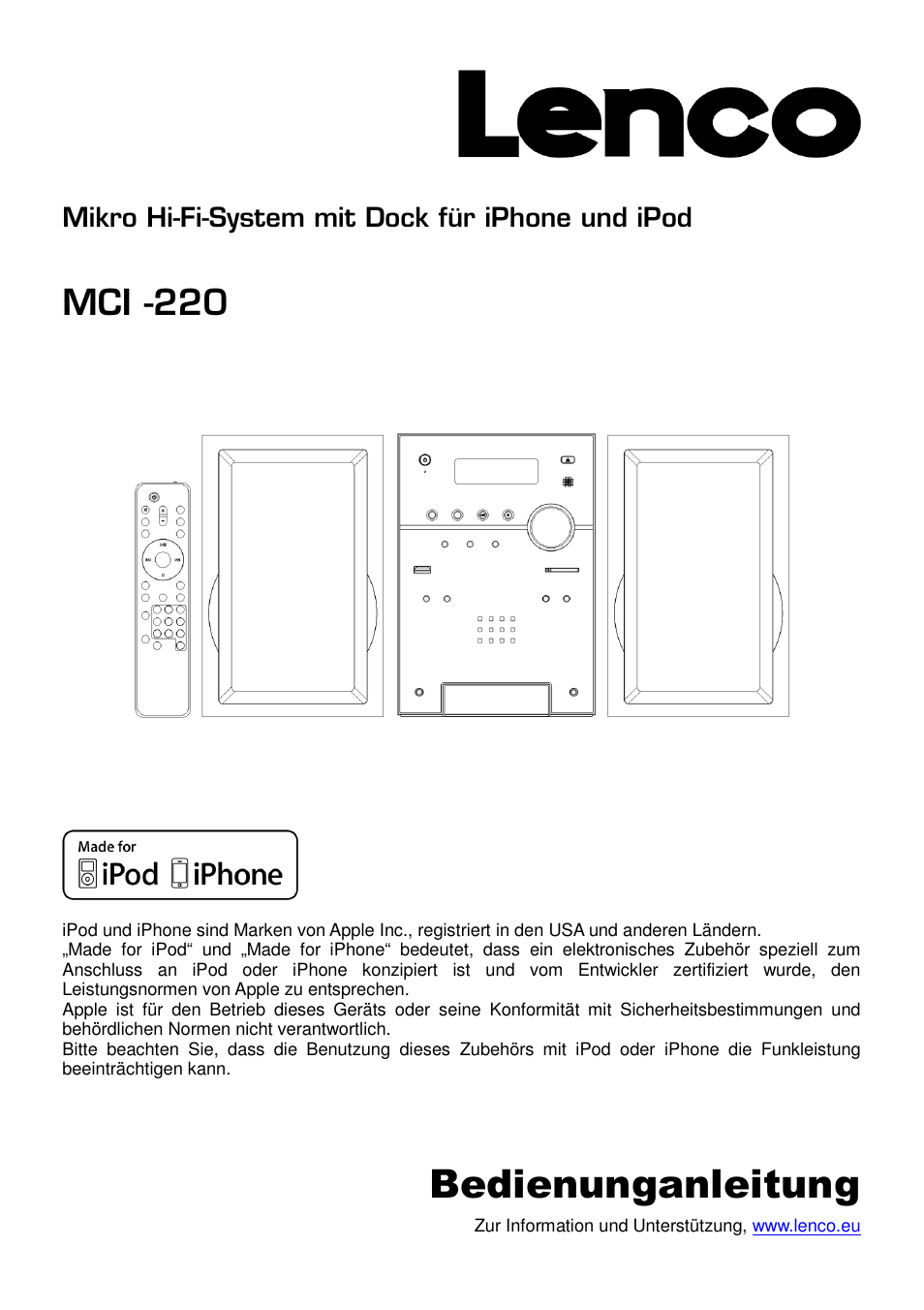 Bedienunganleitung, Mci -220 | Lenco MCi-220 User Manual | Page 10 / 60