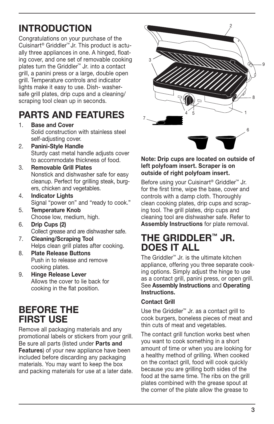 Introduction, Parts and features, Before the first use | The griddler, Jr. does it all | Cuisinart GR-3 User Manual | Page 3 / 10