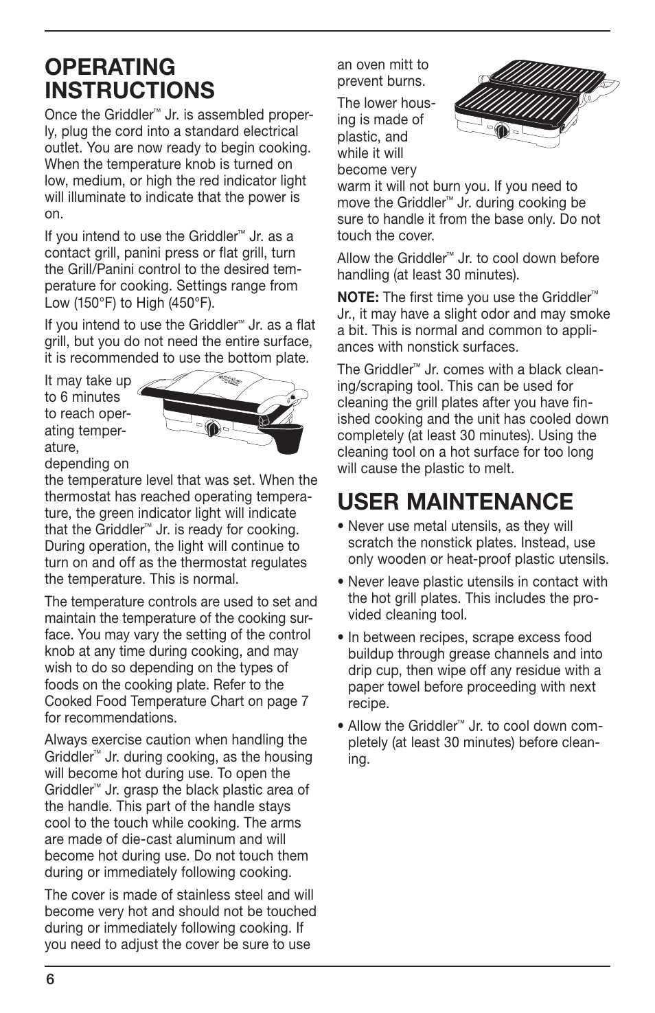 Operating instructions, User maintenance | Cuisinart GR-3 User Manual | Page 6 / 10