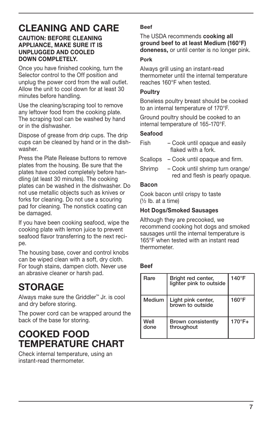 Cleaning and care, Storage, Cooked food temperature chart | Cuisinart GR-3 User Manual | Page 7 / 10