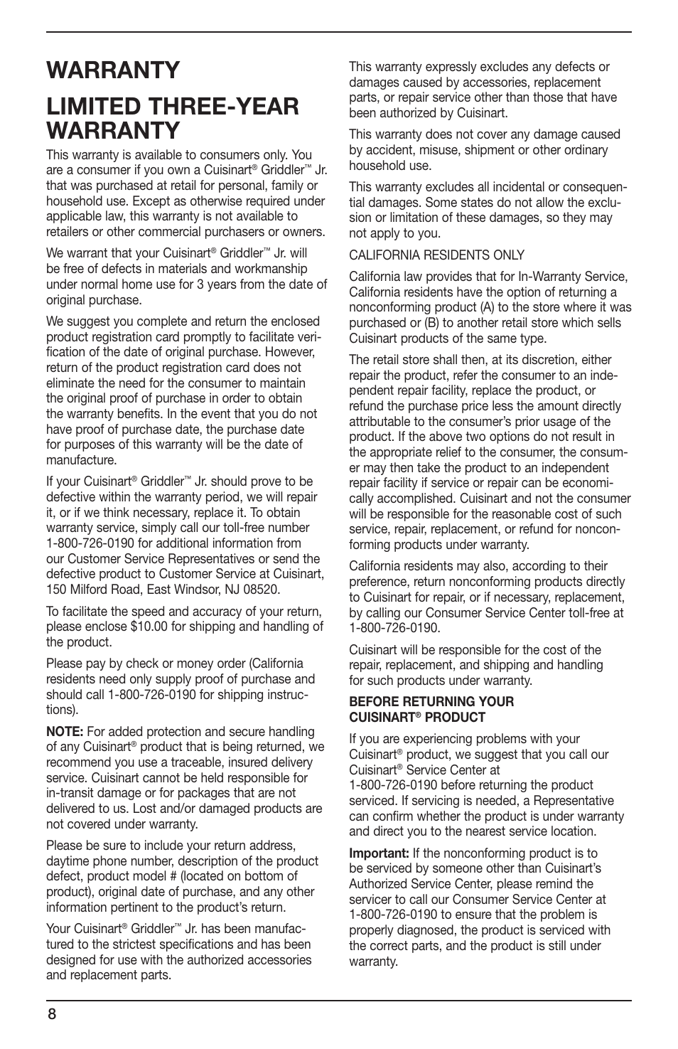 Warranty limited three-year warranty | Cuisinart GR-3 User Manual | Page 8 / 10