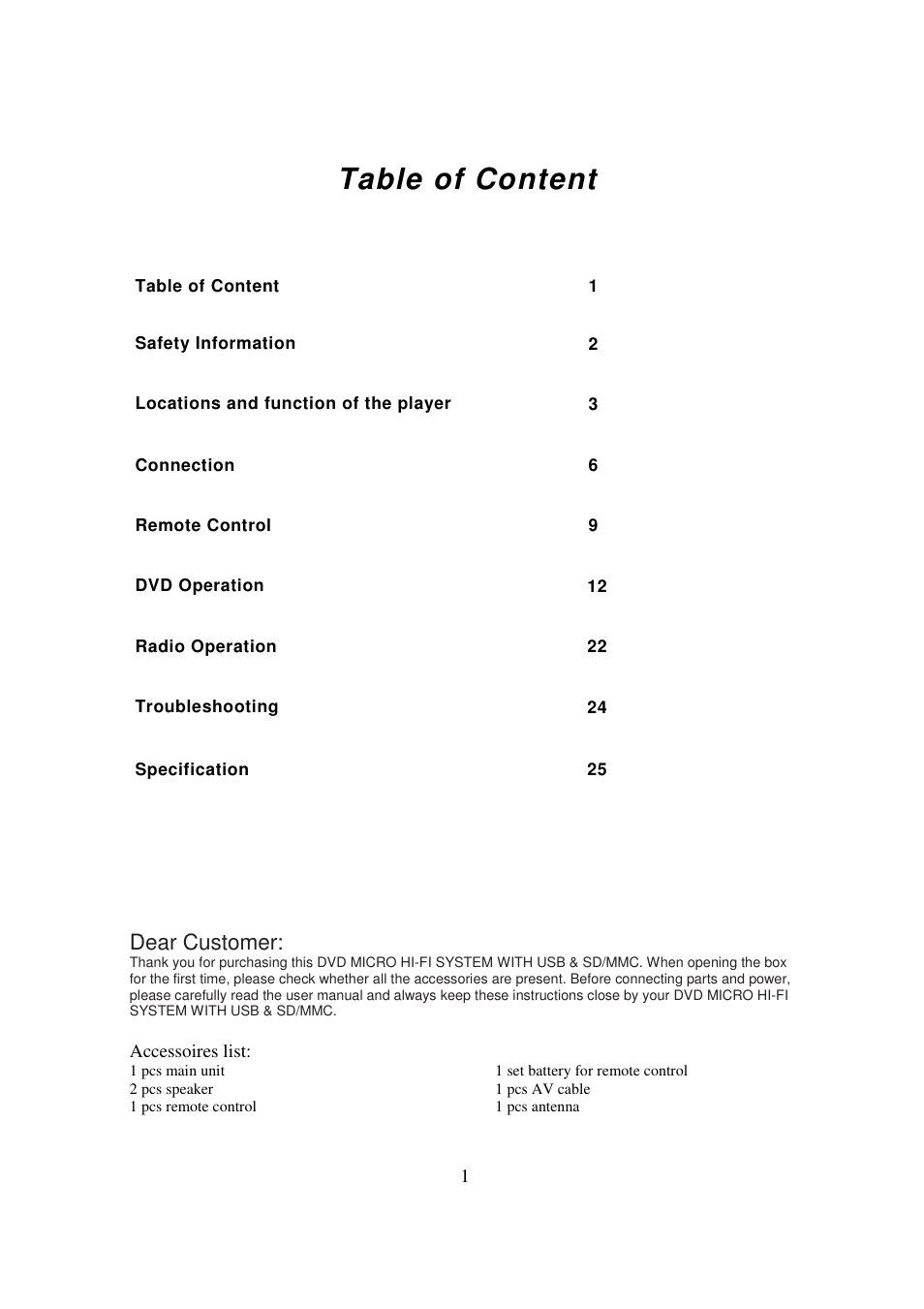 Table of content, Dear customer | Lenco MDV-8 User Manual | Page 2 / 27