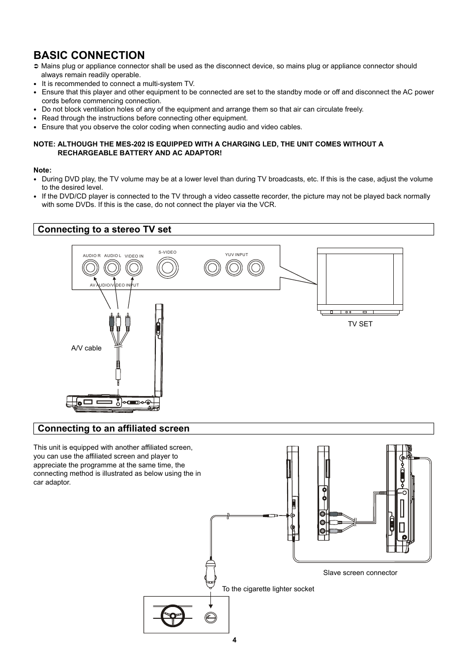 Basic connection, Connecting to a stereo tv set, Connecting to an affiliated screen | Lenco MES-202 User Manual | Page 5 / 10