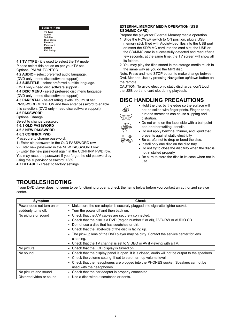 Disc handling precautions, Troubleshooting | Lenco MES-202 User Manual | Page 8 / 10
