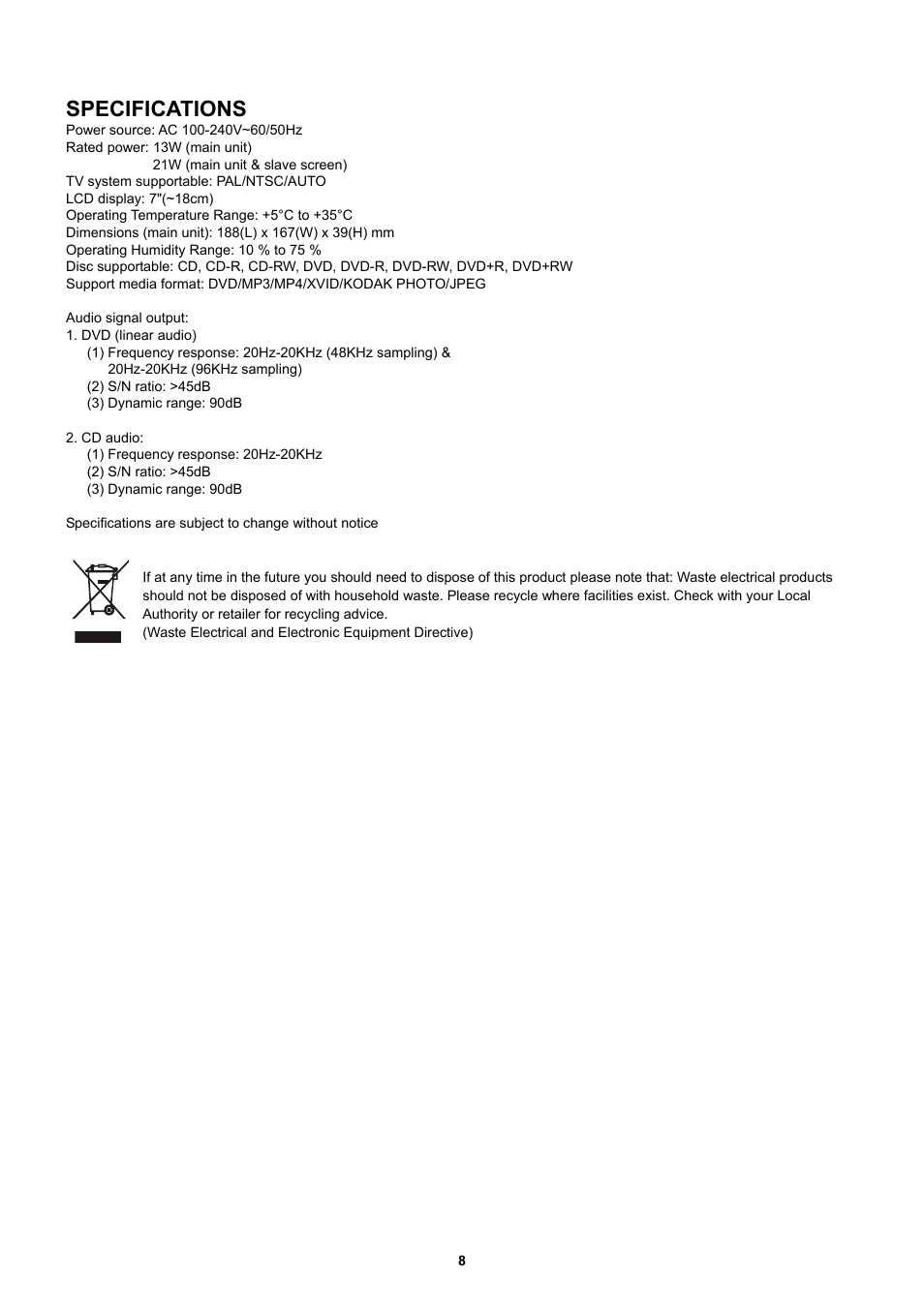 Specifications | Lenco MES-202 User Manual | Page 9 / 10