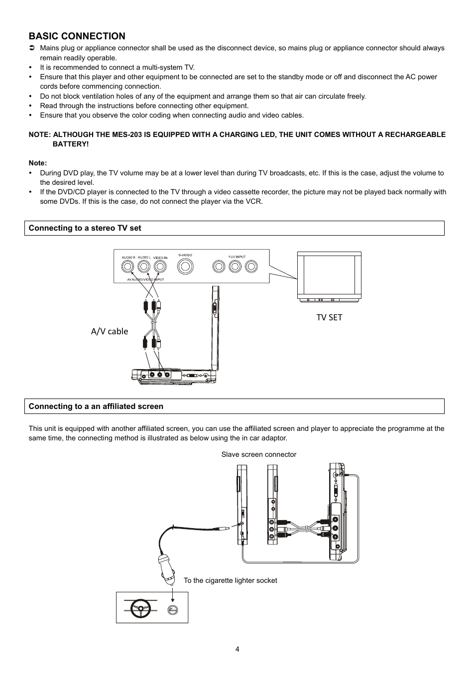 Basic connection, A/v cable tv set | Lenco MES-203 User Manual | Page 5 / 10