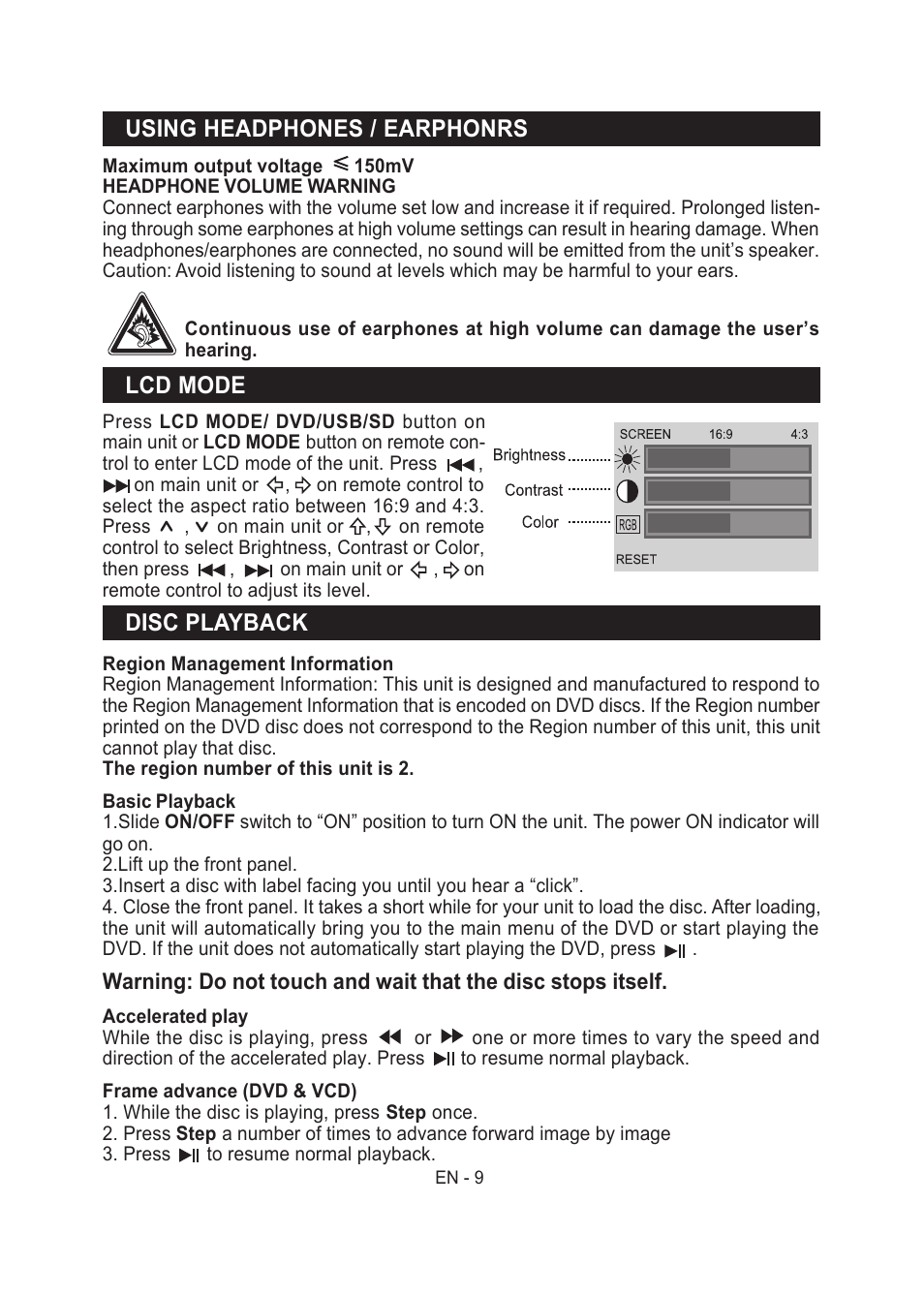 Using headphones / earphonrs, Lcd mode, Disc playback | Lenco MES-204 User Manual | Page 10 / 24