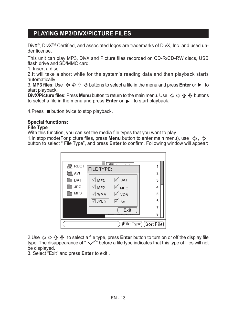 Playing mp3/divx/picture files | Lenco MES-204 User Manual | Page 14 / 24