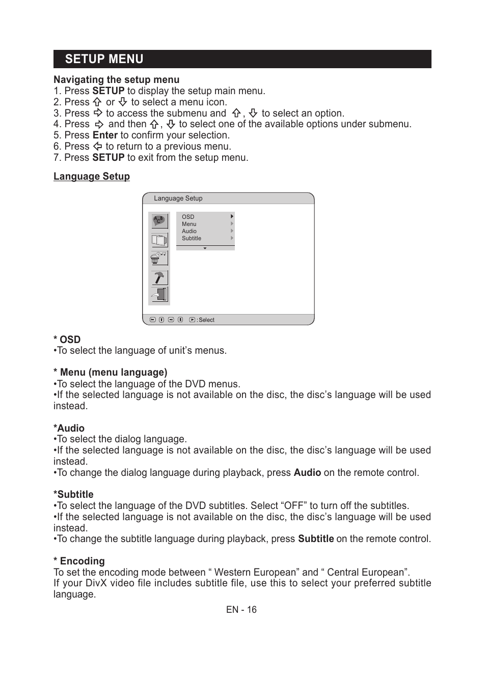 Setup menu | Lenco MES-204 User Manual | Page 17 / 24