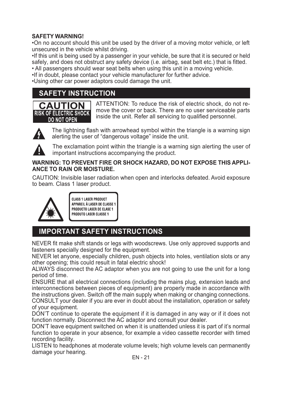 Safety instruction, Important safety instructions | Lenco MES-204 User Manual | Page 22 / 24