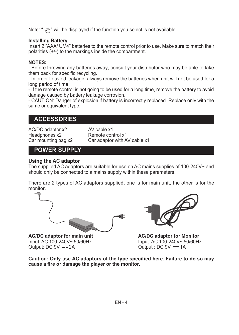 Accessories, Power supply | Lenco MES-204 User Manual | Page 5 / 24