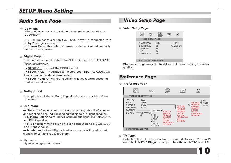 页 10, Setup menu setting, Video setup page | Audio setup page, Preference page | Lenco MES-211 User Manual | Page 11 / 13