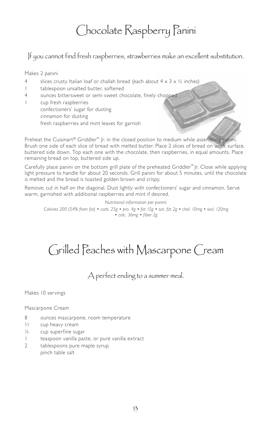 Chocolate raspberry panini, Grilled peaches with mascarpone cream | Cuisinart GR-3 User Manual | Page 13 / 15