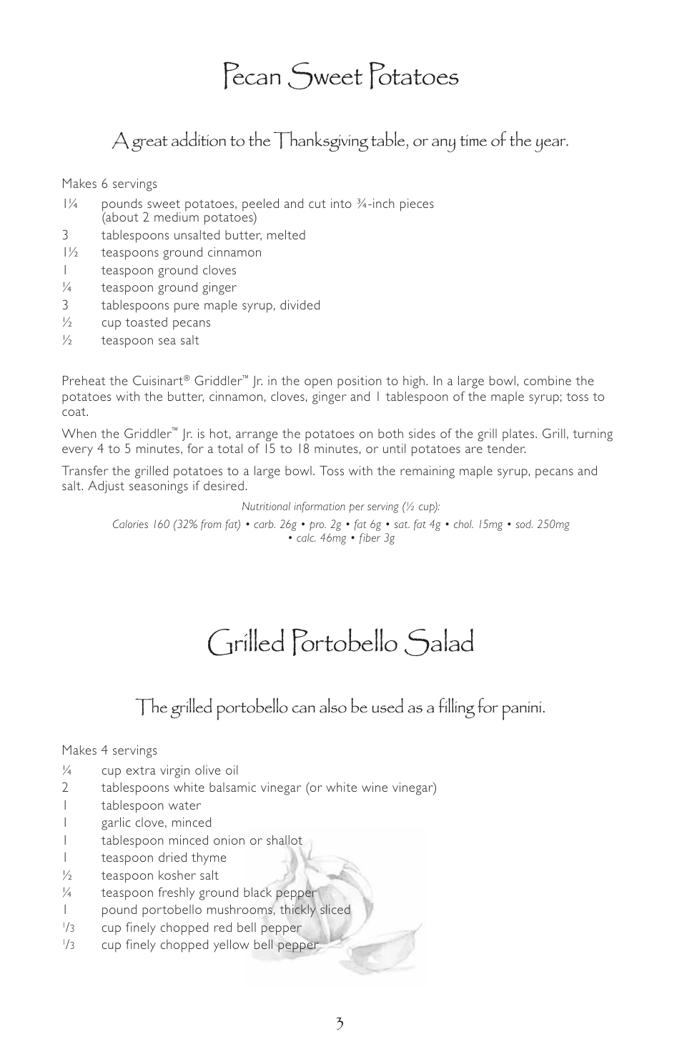 Pecan sweet potatoes, Grilled portobello salad | Cuisinart GR-3 User Manual | Page 3 / 15