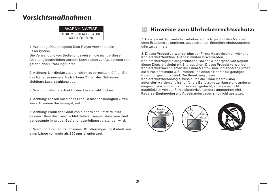 Vorsichtsmaßnahmen, Hinweise zum uhrheberrechtsschutz | Lenco MES-4031 User Manual | Page 14 / 55