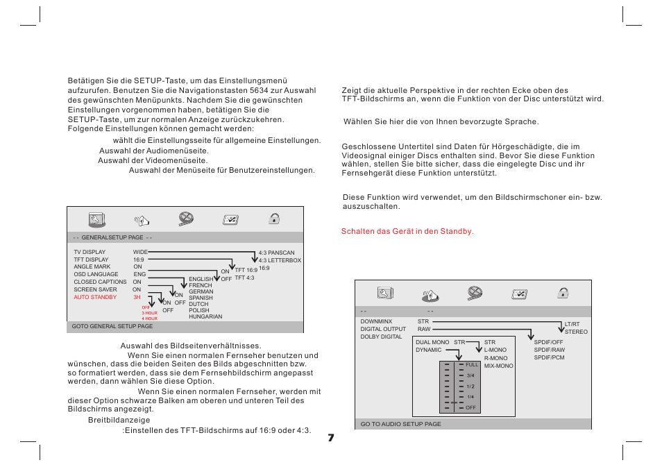Einstellungen - einstellungsmenü, Audioeinstellungen, Allgemeine einstellungen | Lenco MES-4031 User Manual | Page 19 / 55