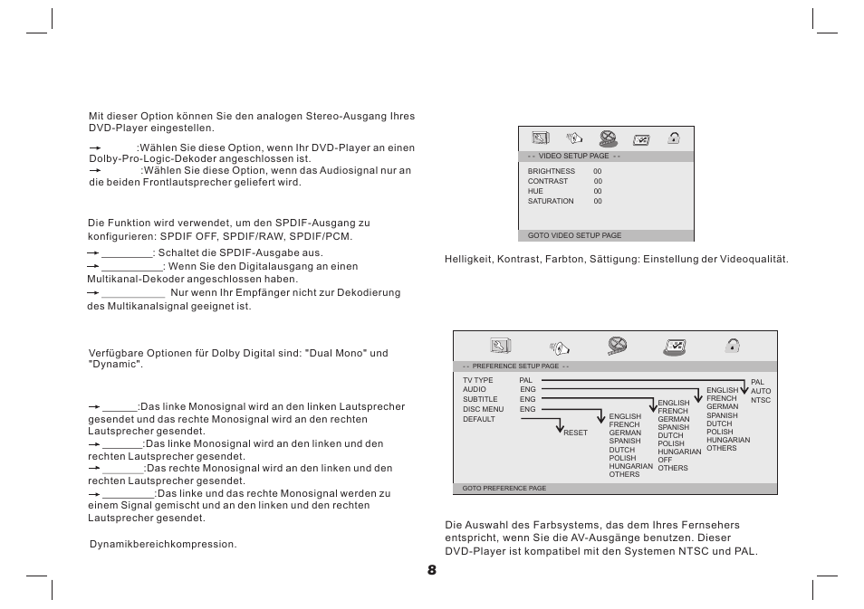 Einstellungsmenü, Videoeinstellungen, Audio-einstellungen | Benutzereinstellungen | Lenco MES-4031 User Manual | Page 20 / 55
