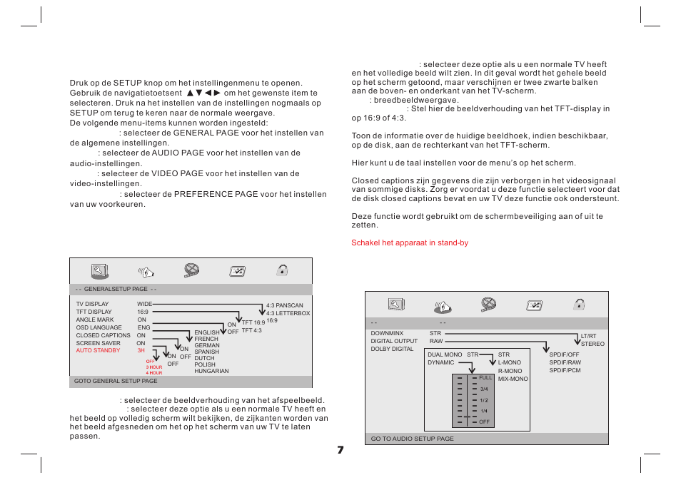 Instellen instellingenmenu, Pagina audio-instellingen, Pagina algemene instellingen | Lenco MES-4031 User Manual | Page 30 / 55