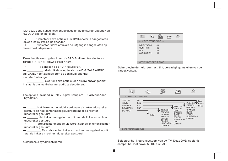 Pagina audio-instellingen van het instellingenmenu, Pagina video-instellingen, Pagina voorkeuren | Lenco MES-4031 User Manual | Page 31 / 55