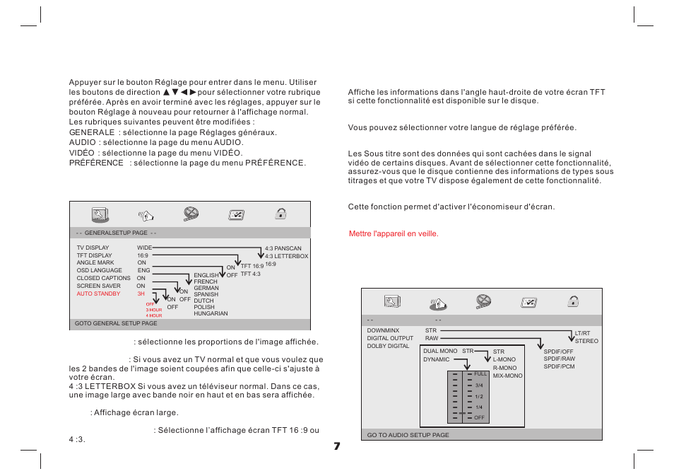Configuration du menu réglage, Page réglage audio, Page de réglages généraux | Lenco MES-4031 User Manual | Page 41 / 55