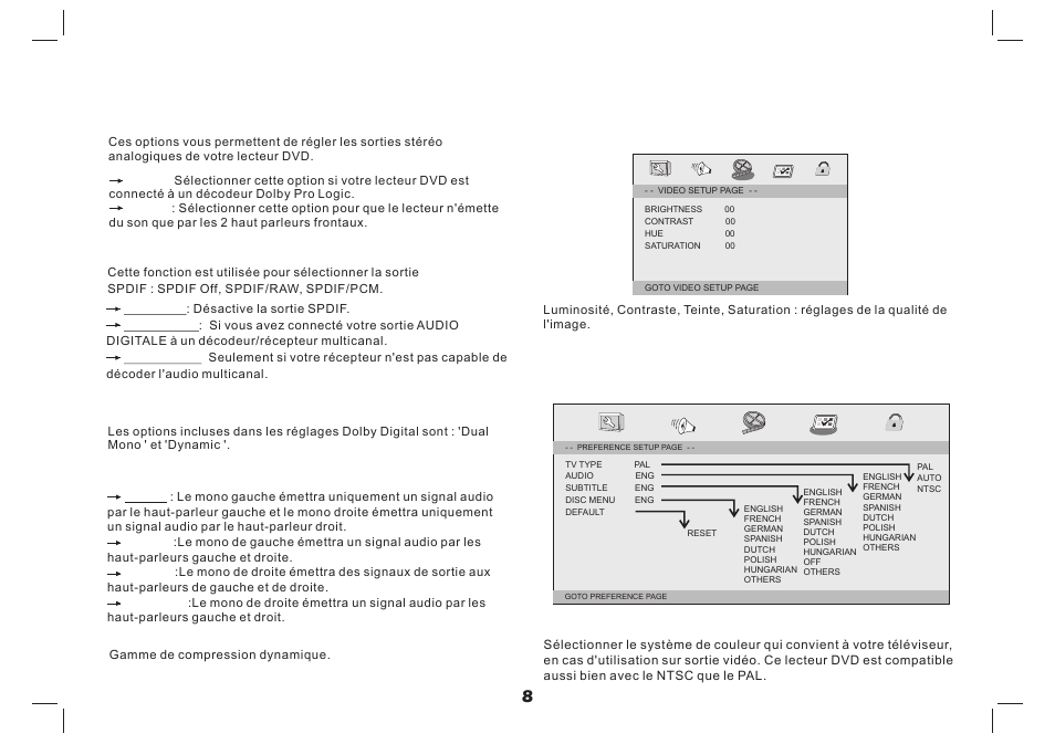 Configuration du menu réglage page réglage audio, Page réglage vidéo, Page préférence | Lenco MES-4031 User Manual | Page 42 / 55