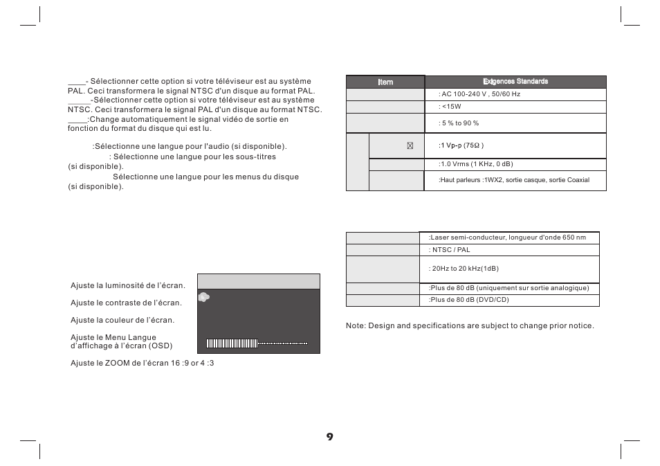 页 10, Configuration du menu réglage, Menu réglage écran secondaire | Paramètres et spécifications, Paramètres électroniques, Système, Page préférence, Page image | Lenco MES-4031 User Manual | Page 43 / 55