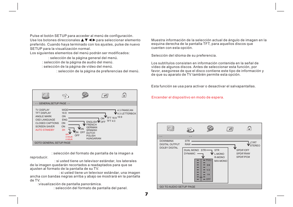 Ajustes del menú de configuración (setup), Página de configuración de audio, Página de configuración general | Lenco MES-4031 User Manual | Page 52 / 55