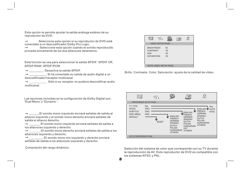 Ajustes del menú de configuración (setup), Página de configuración de vídeo, Página de configuración de audio | Página de preferencias | Lenco MES-4031 User Manual | Page 53 / 55