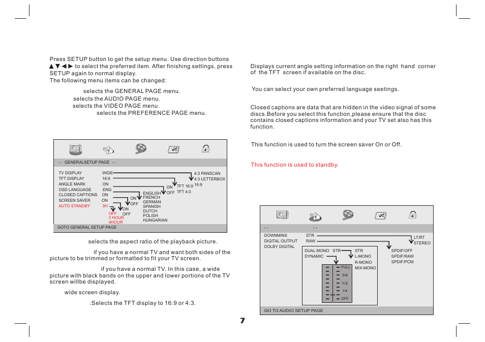 Setup menu setting, Audio setup page, General setup page | Lenco MES-4031 User Manual | Page 8 / 55