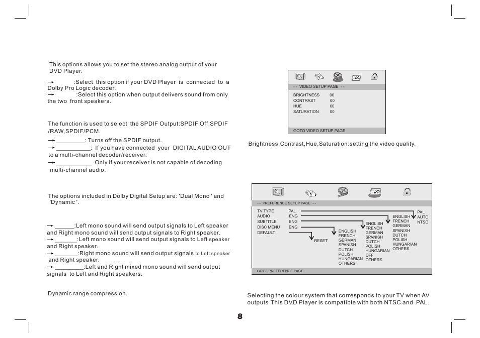 Setup menu setting, Video setup page, Audio setup page | Preference page | Lenco MES-4031 User Manual | Page 9 / 55