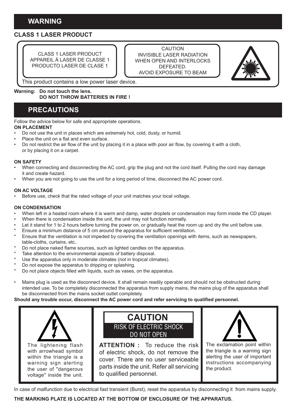 Caution, Warning, Precautions | Risk of electric shock do not open | Lenco MMC-2900 User Manual | Page 2 / 8