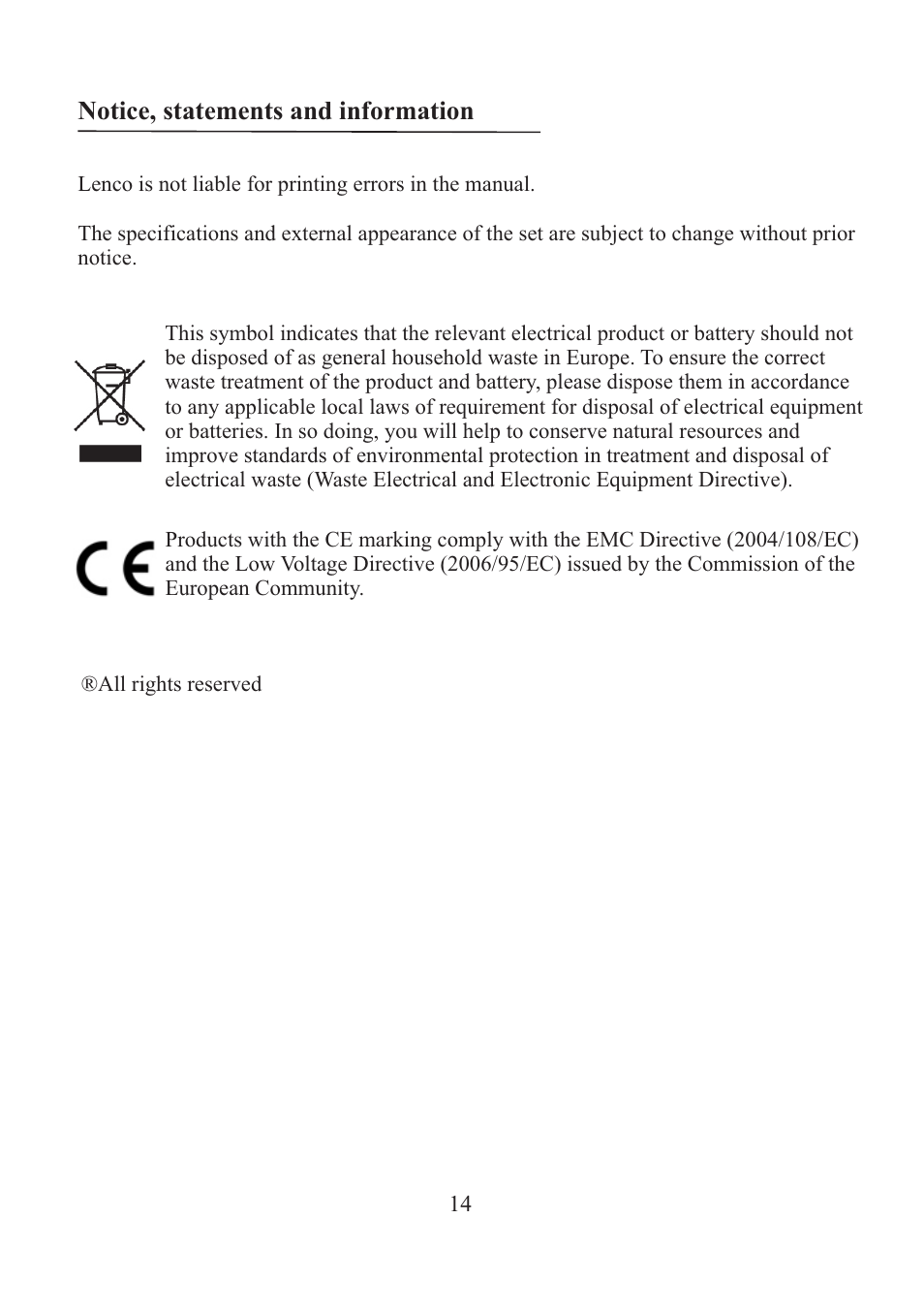 页 15, Notice, statements and information | Lenco MN-002 User Manual | Page 15 / 15