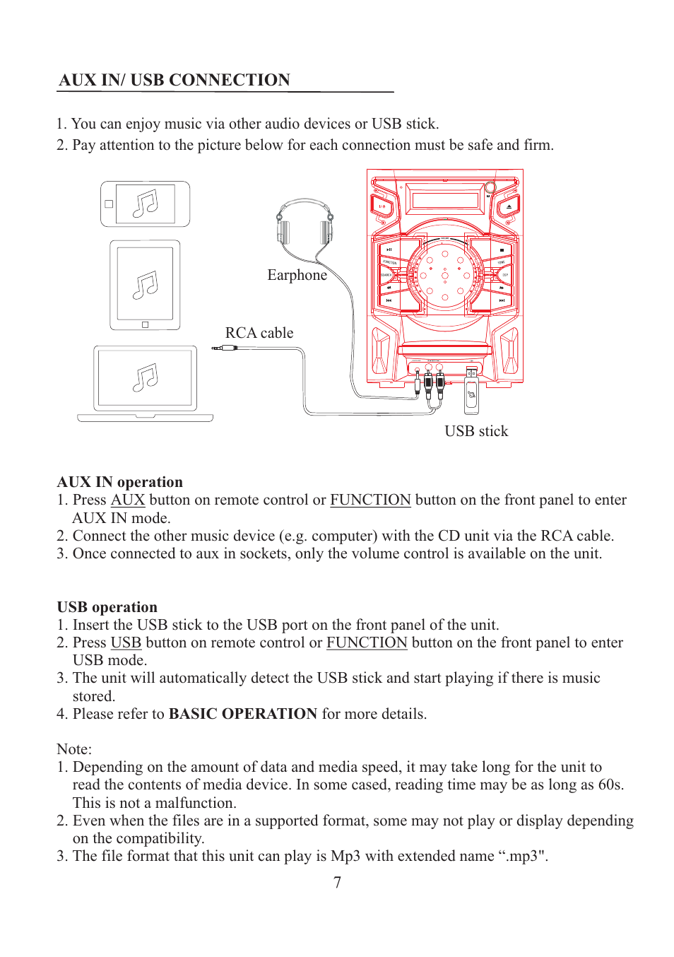 Aux in/ usb connection | Lenco MN-002 User Manual | Page 8 / 15
