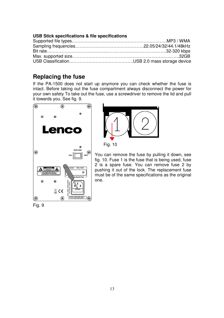Replacing the fuse | Lenco PA-1500 User Manual | Page 13 / 16