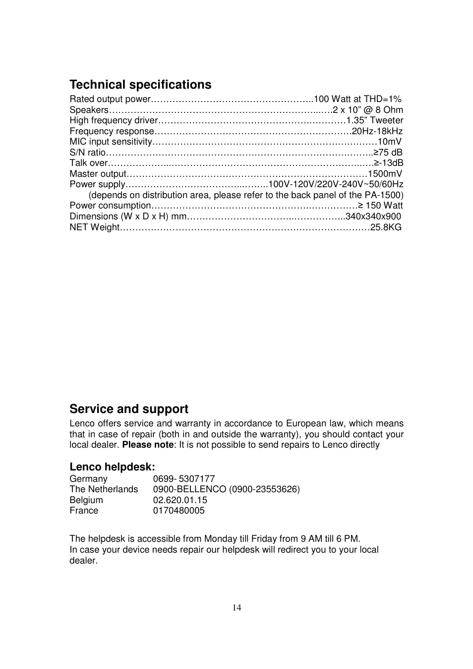 Technical specifications, Service and support | Lenco PA-1500 User Manual | Page 14 / 16