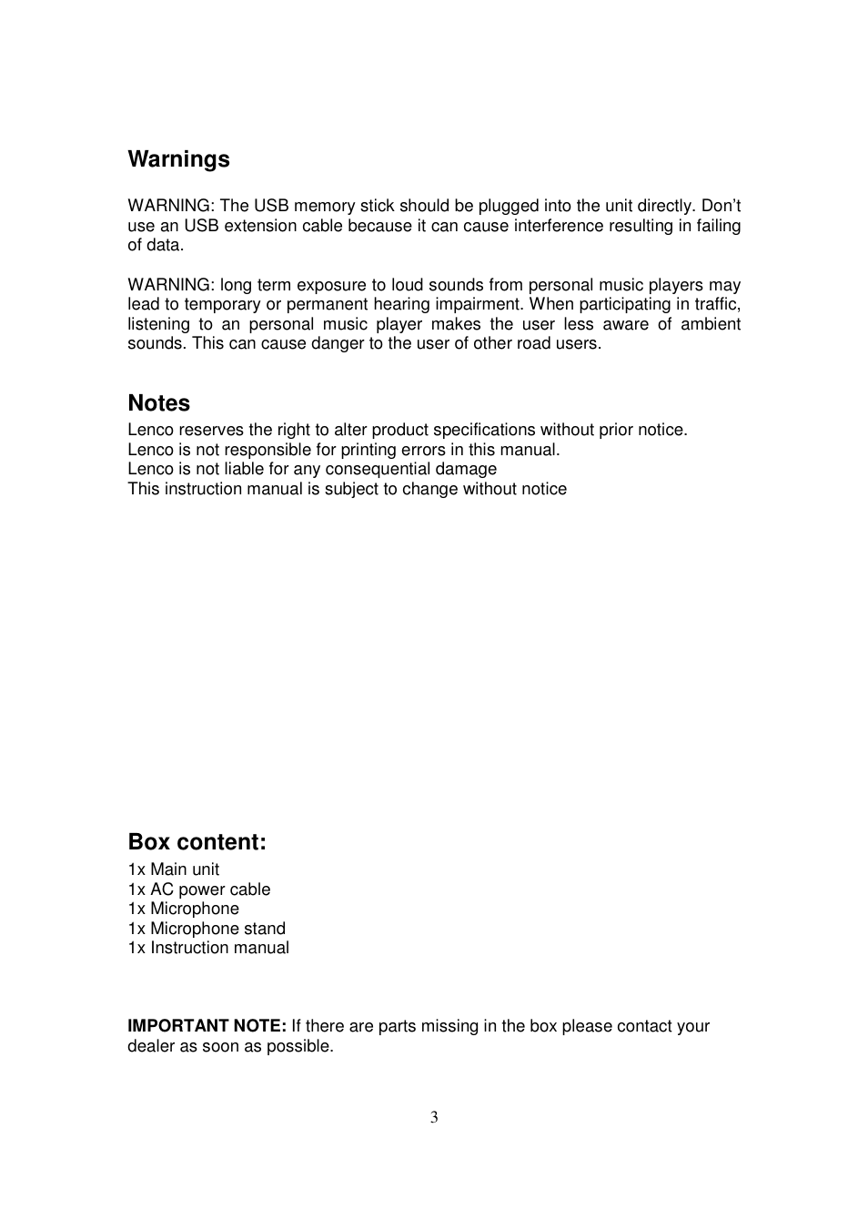 Warnings, Box content | Lenco PA-1500 User Manual | Page 3 / 16